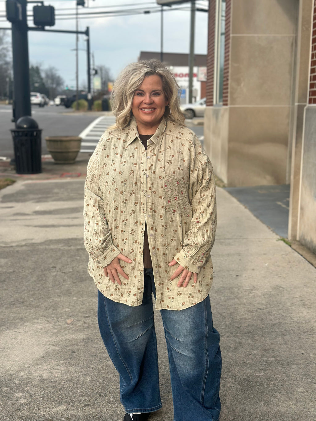 Curvy Khaki Gauze Floral Button Down