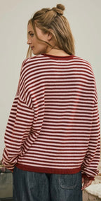 Red Stripe Henley Sweater Pullover