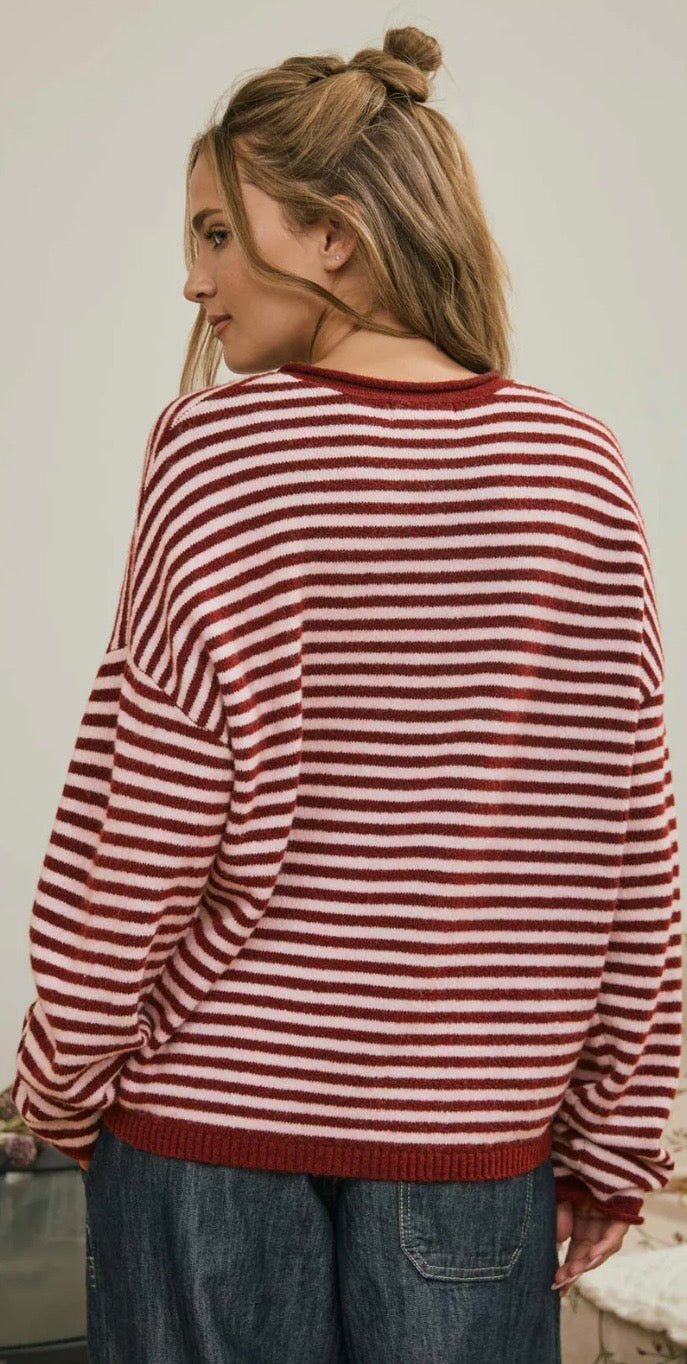 Red Stripe Henley Sweater Pullover