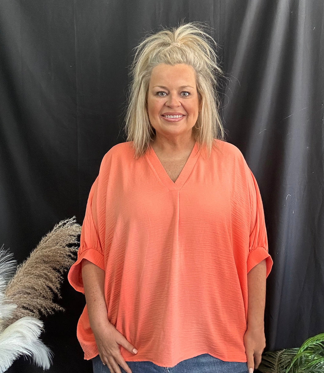 Curvy Coral Puff Sleeve Airflow Top