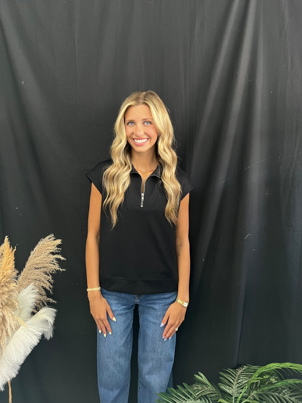 Black Half Zip Sleeveless Top