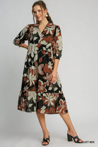 Rust Floral Midi Dress