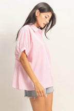 Pink Pinstripe Short Sleeve Button Up