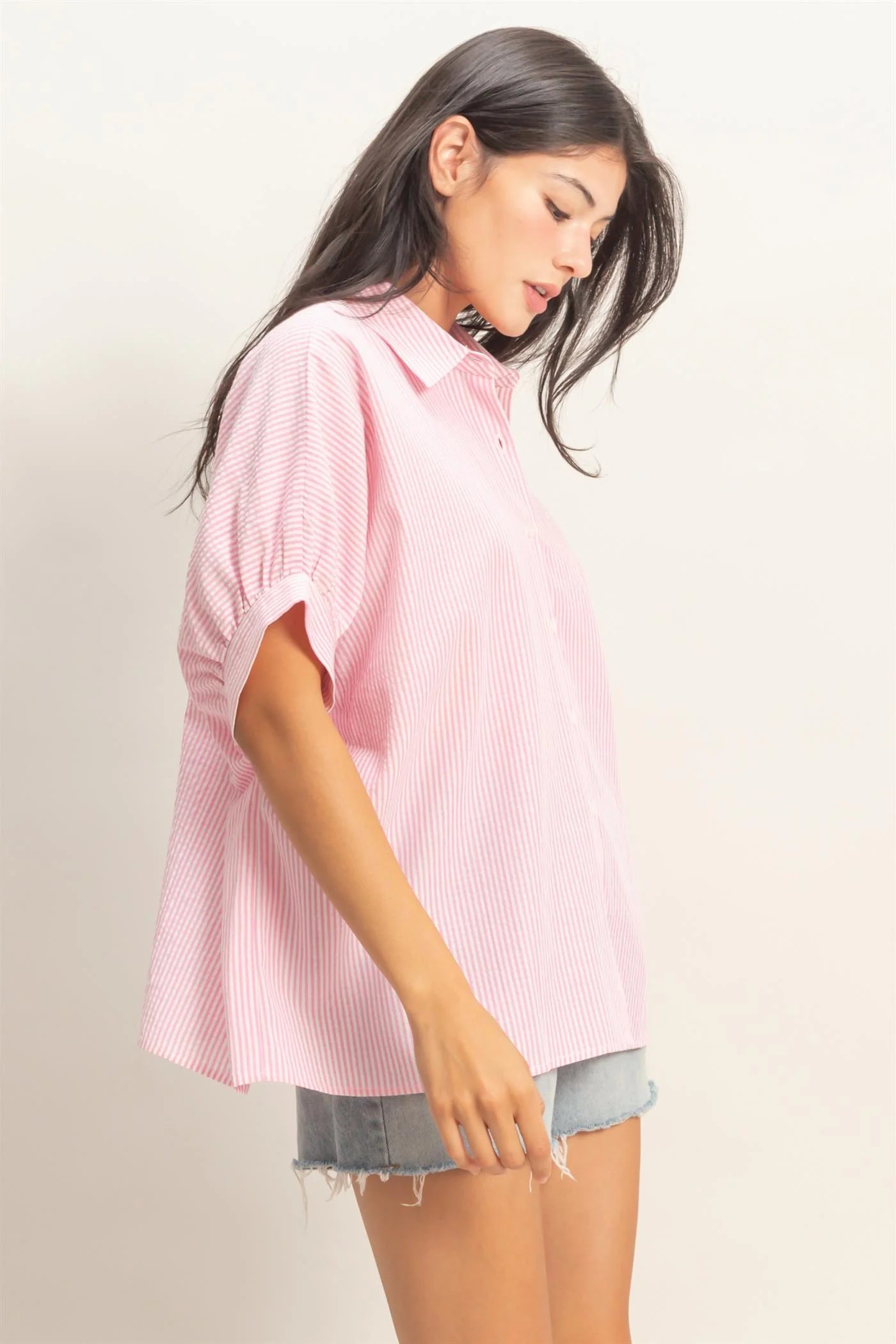 Pink Pinstripe Short Sleeve Button Up