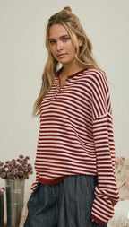 Red Stripe Henley Sweater Pullover