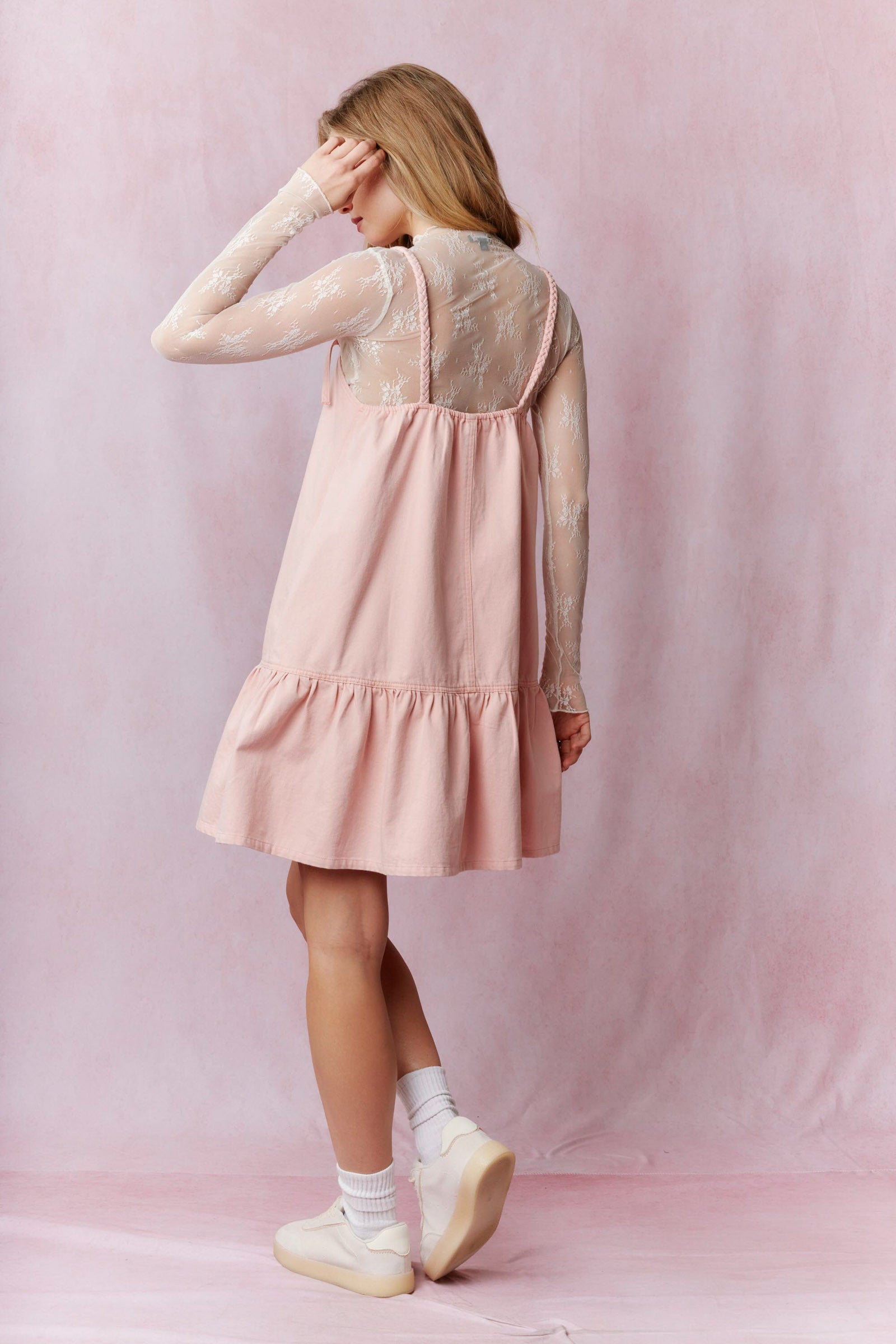 PINK Braid Spaghetti with Bow Detail Washed Denim Mini Dress