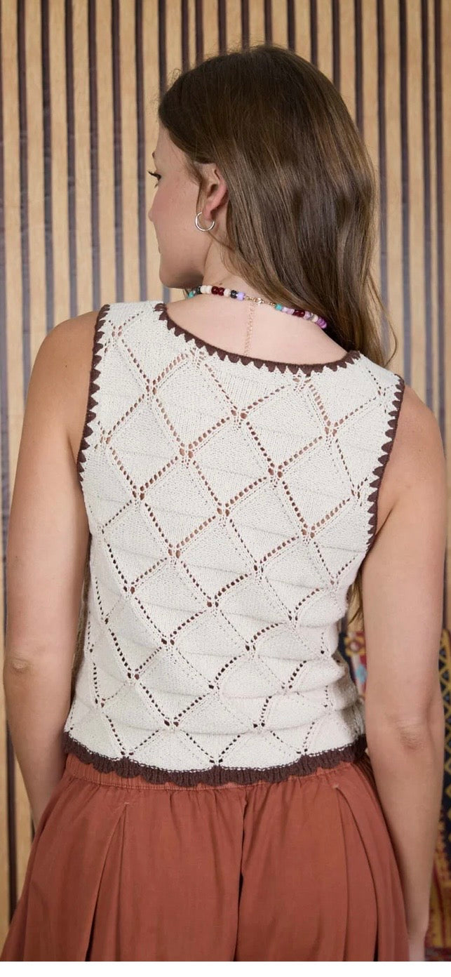 CONTRAST STITCH CROCHET KNIT FRONT TIE VEST