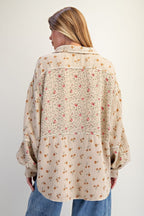 Curvy Khaki Gauze Floral Button Down