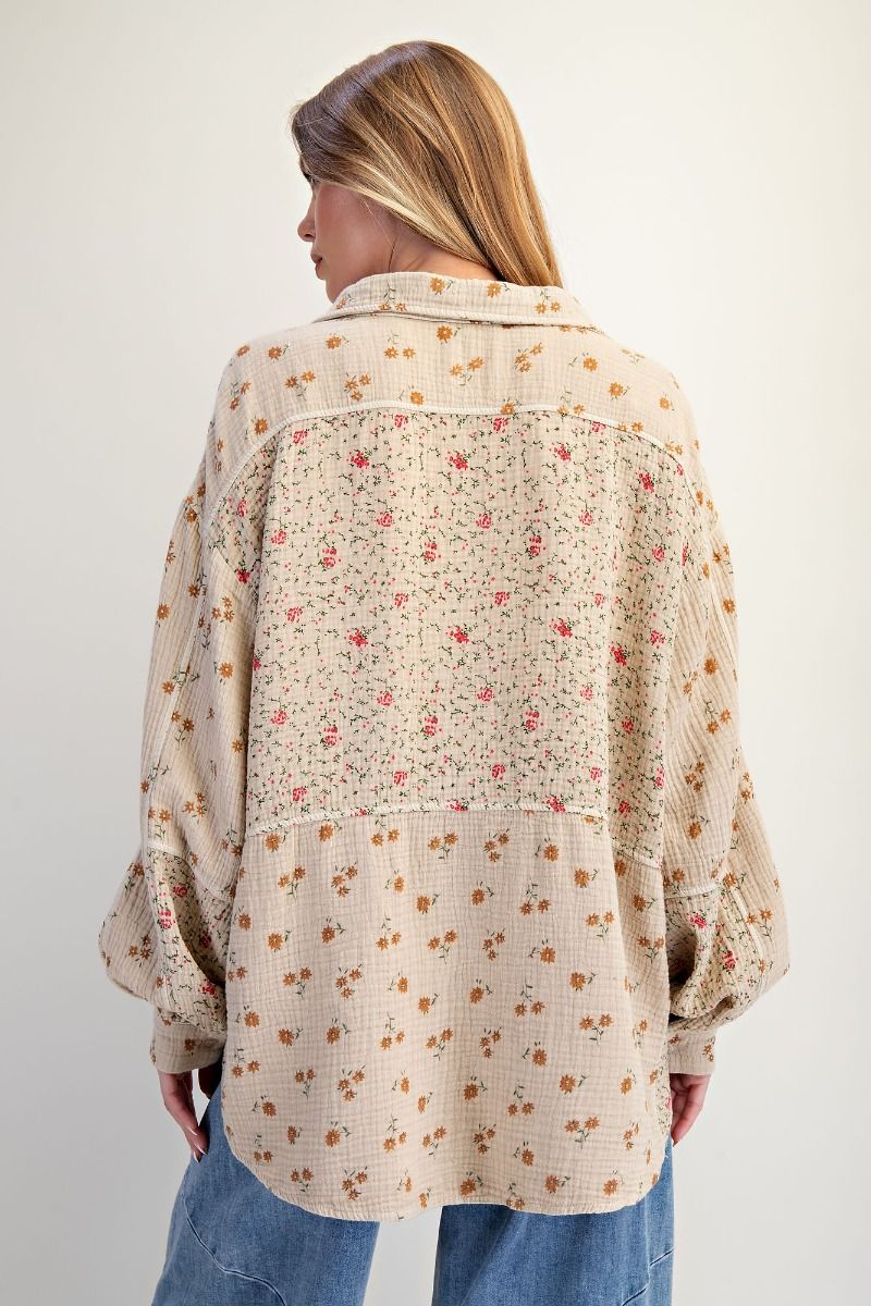 Curvy Khaki Gauze Floral Button Down
