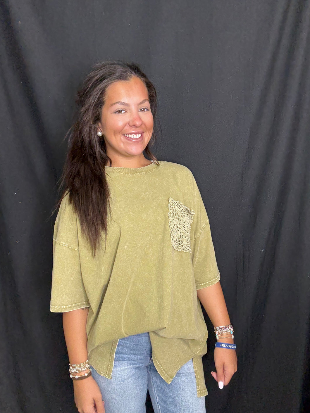 Faded Olive Crochet Pocket Tee