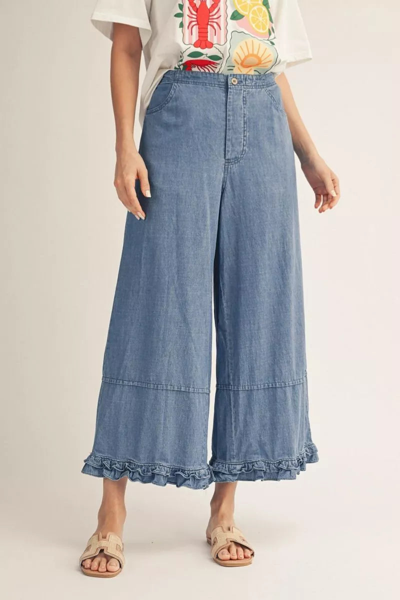 Denim Pants with Ruffle Hem