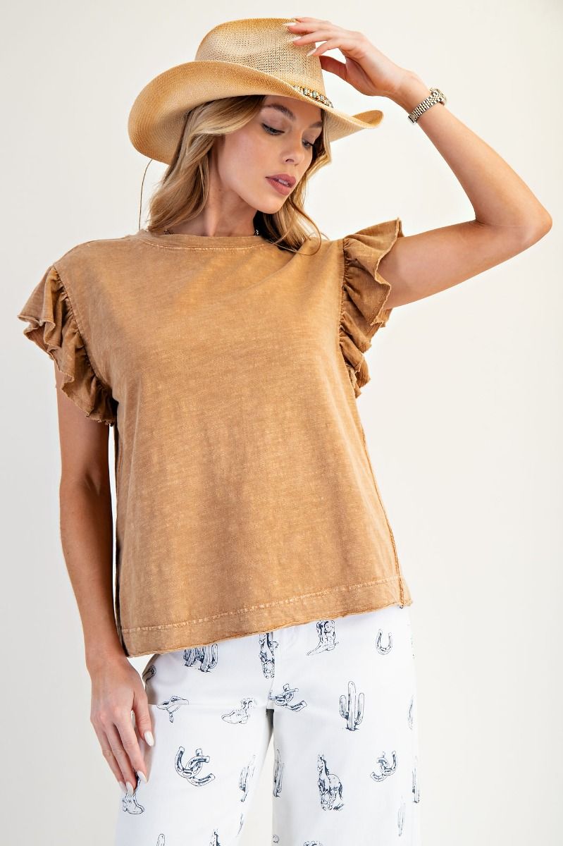 Lt Camel Mineral Washed Ruffle Sleeve Top