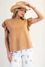 Lt Camel Mineral Washed Ruffle Sleeve Top