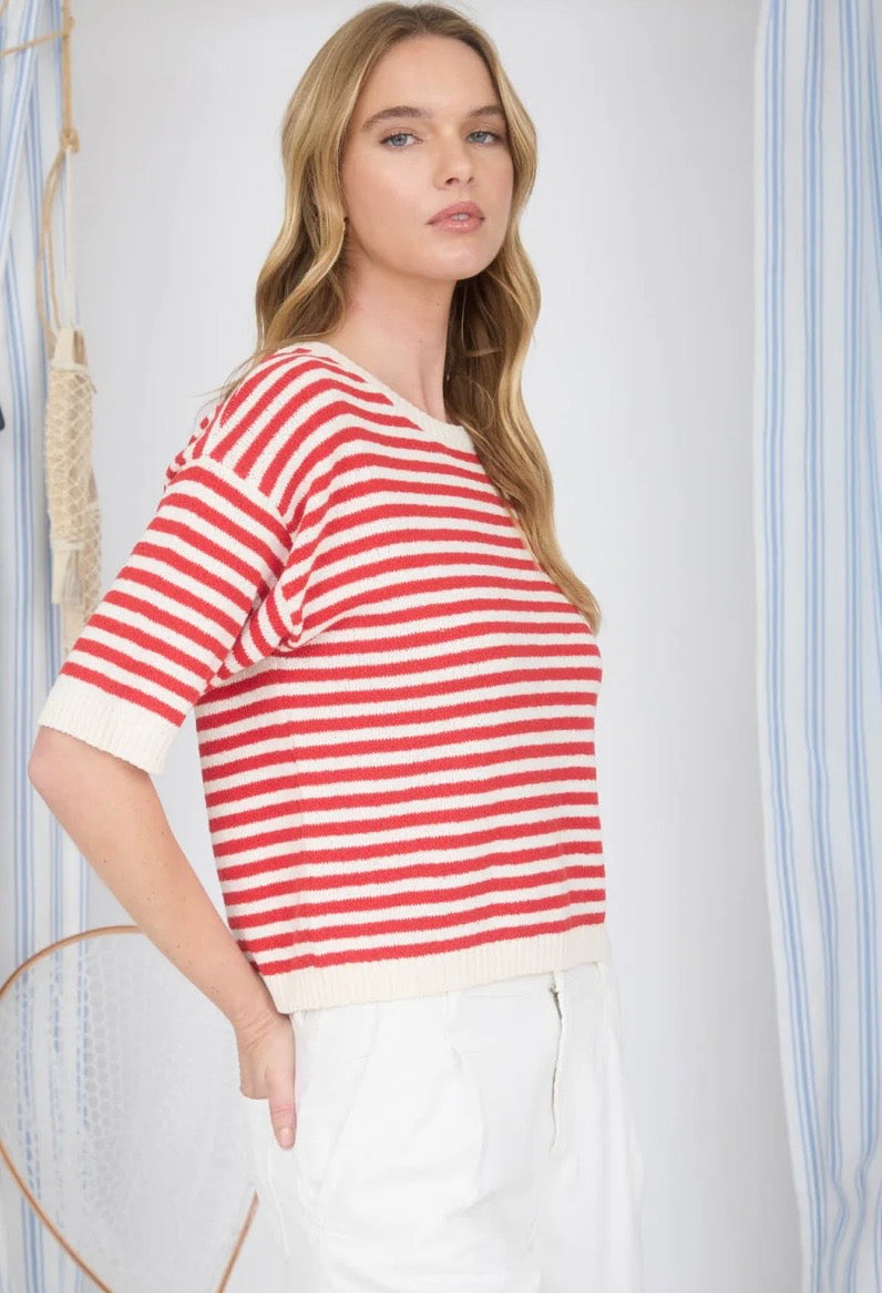 Red Stripe Knit Short Sleeve Sweater