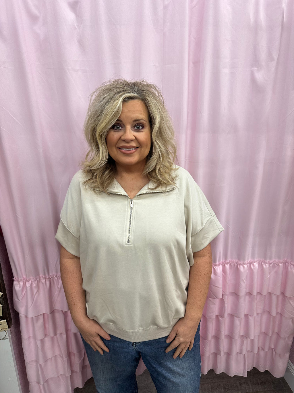 Curvy Ecru Half Zip Top