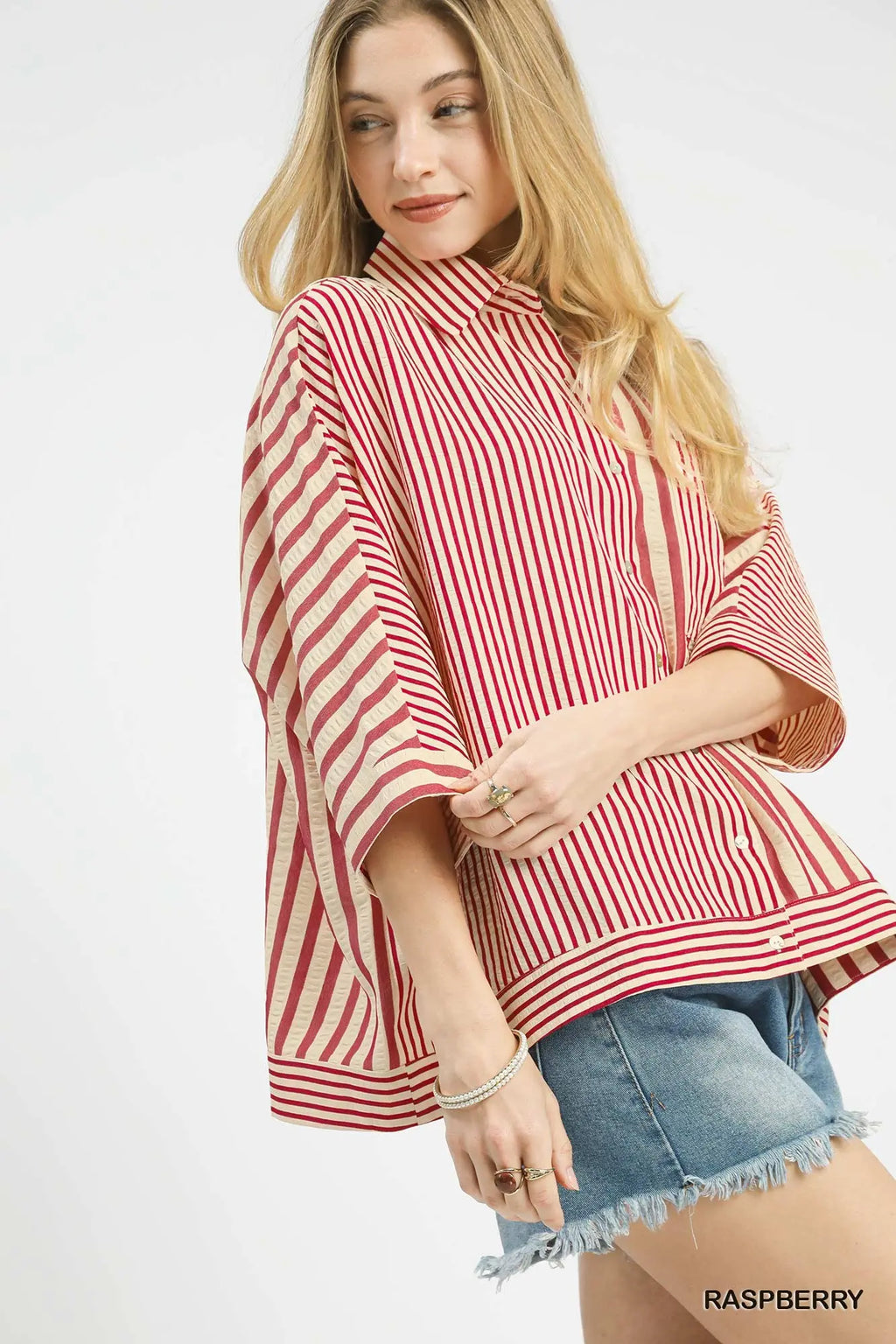 Raspberry Mixed Stripe Button Down