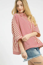 Raspberry Mixed Stripe Button Down
