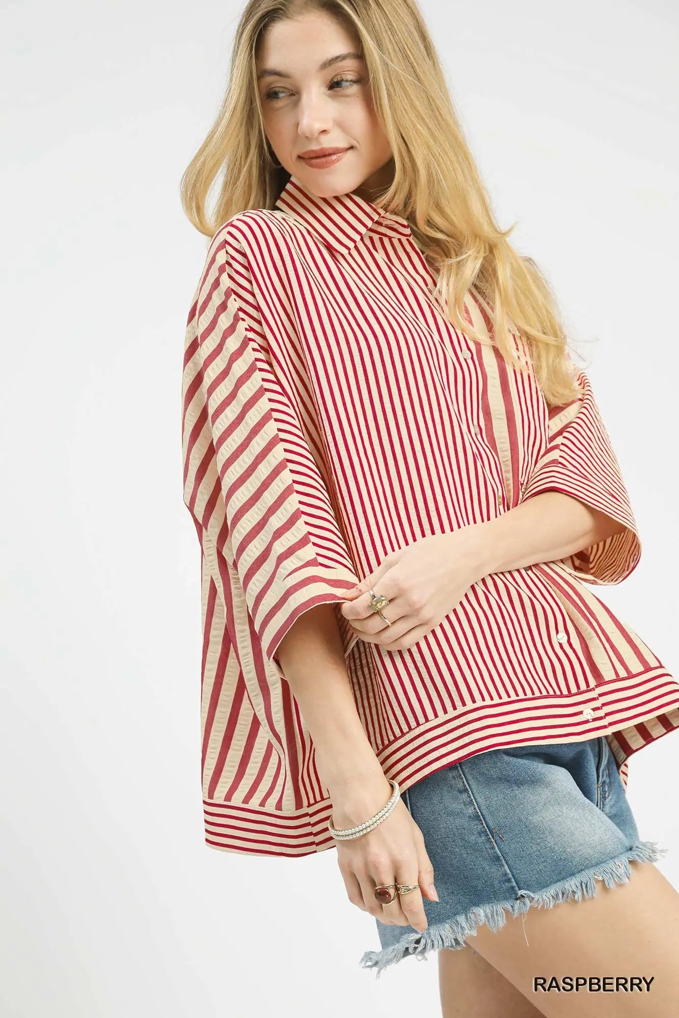 Raspberry Mixed Stripe Button Down