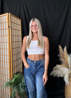 Elastic Waist Button Fly Barrel Denim Pants