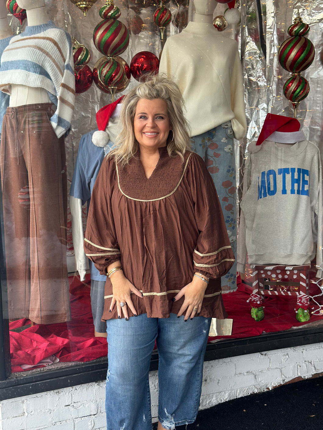 Curvy Brown Boho Peasant Top