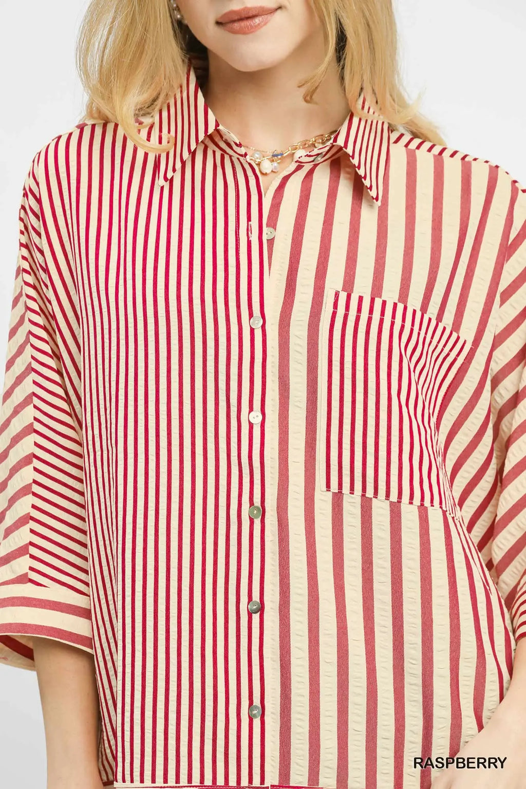 Raspberry Mixed Stripe Button Down