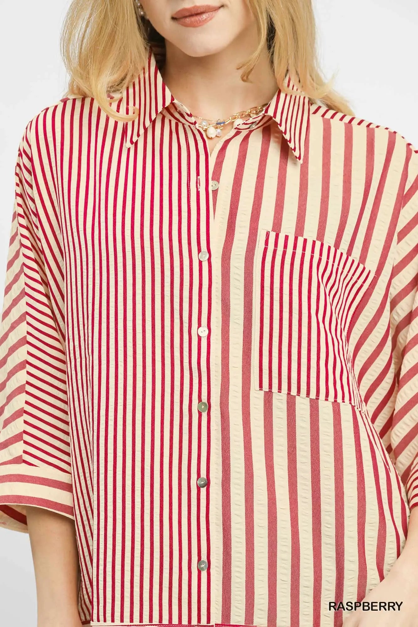 Raspberry Mixed Stripe Button Down