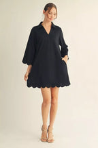 Black 3/4 Sleeve Scallop Hem Dress