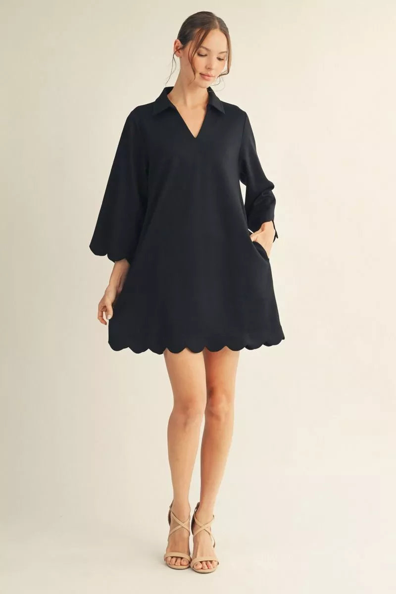 Black 3/4 Sleeve Scallop Hem Dress
