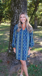 Navy Floral Standing Ruffle Neckline Dress