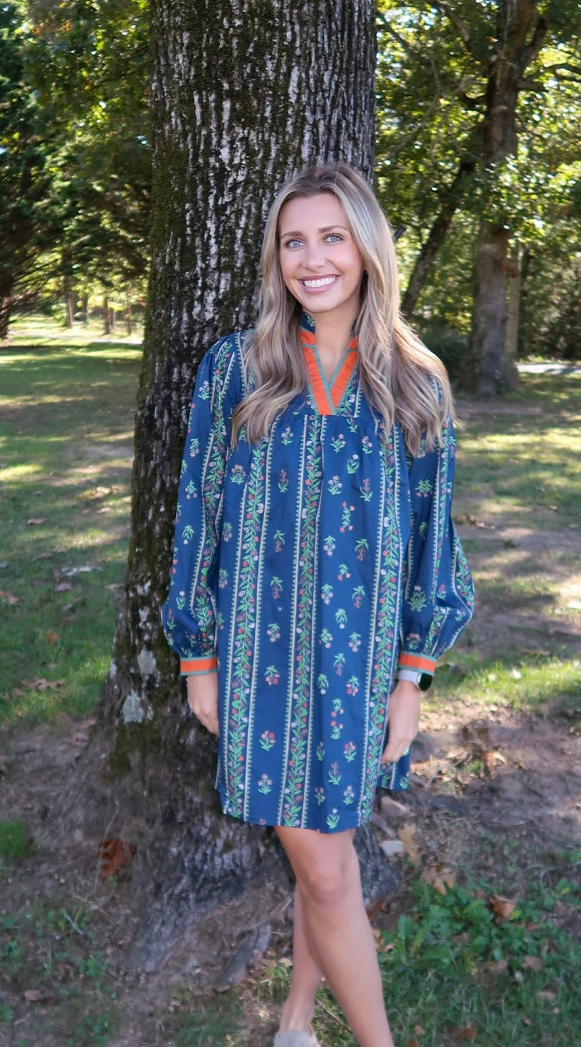 Navy Floral Standing Ruffle Neckline Dress