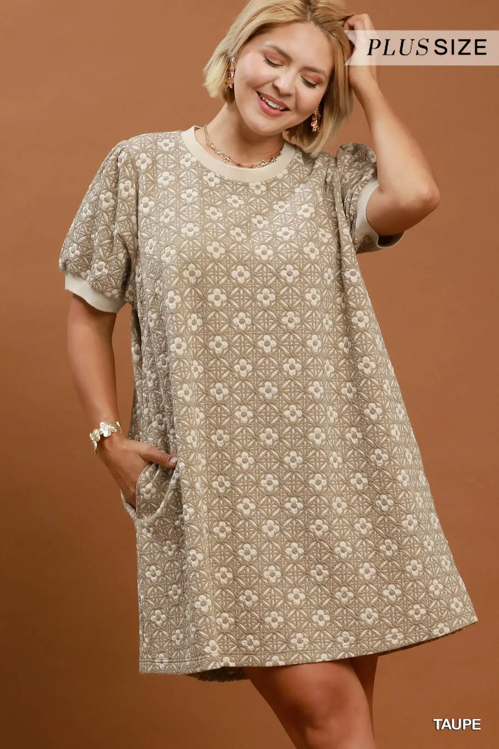 Curvy Taupe Floral Textured Dress
