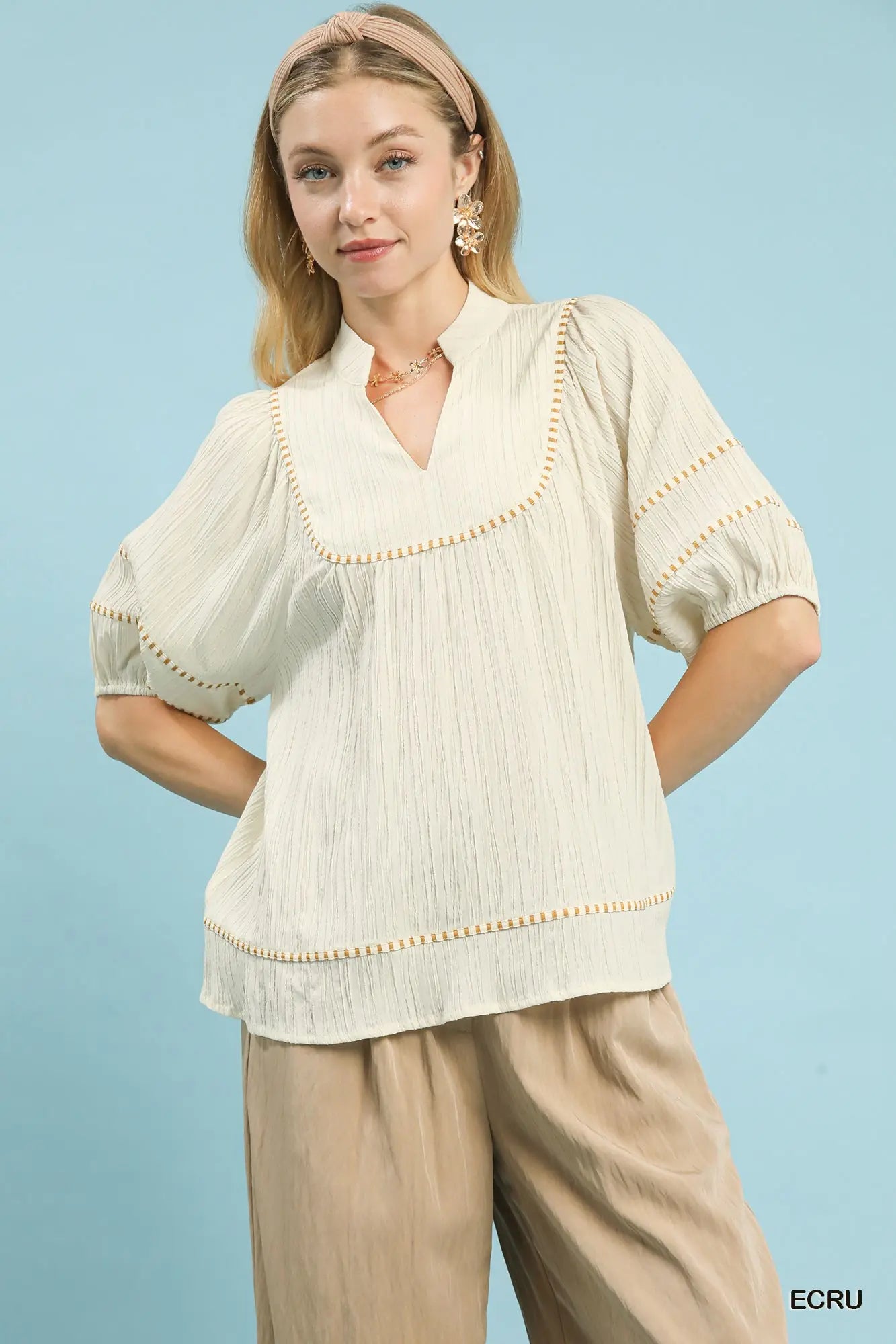 Ecru Puff Sleeve VNeck Top
