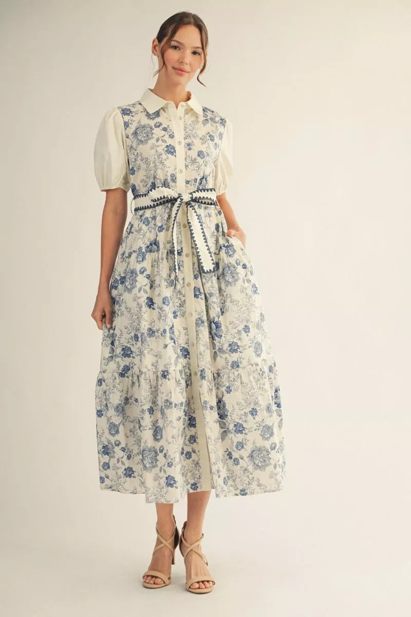 Blue Tiered Floral Midi Deess