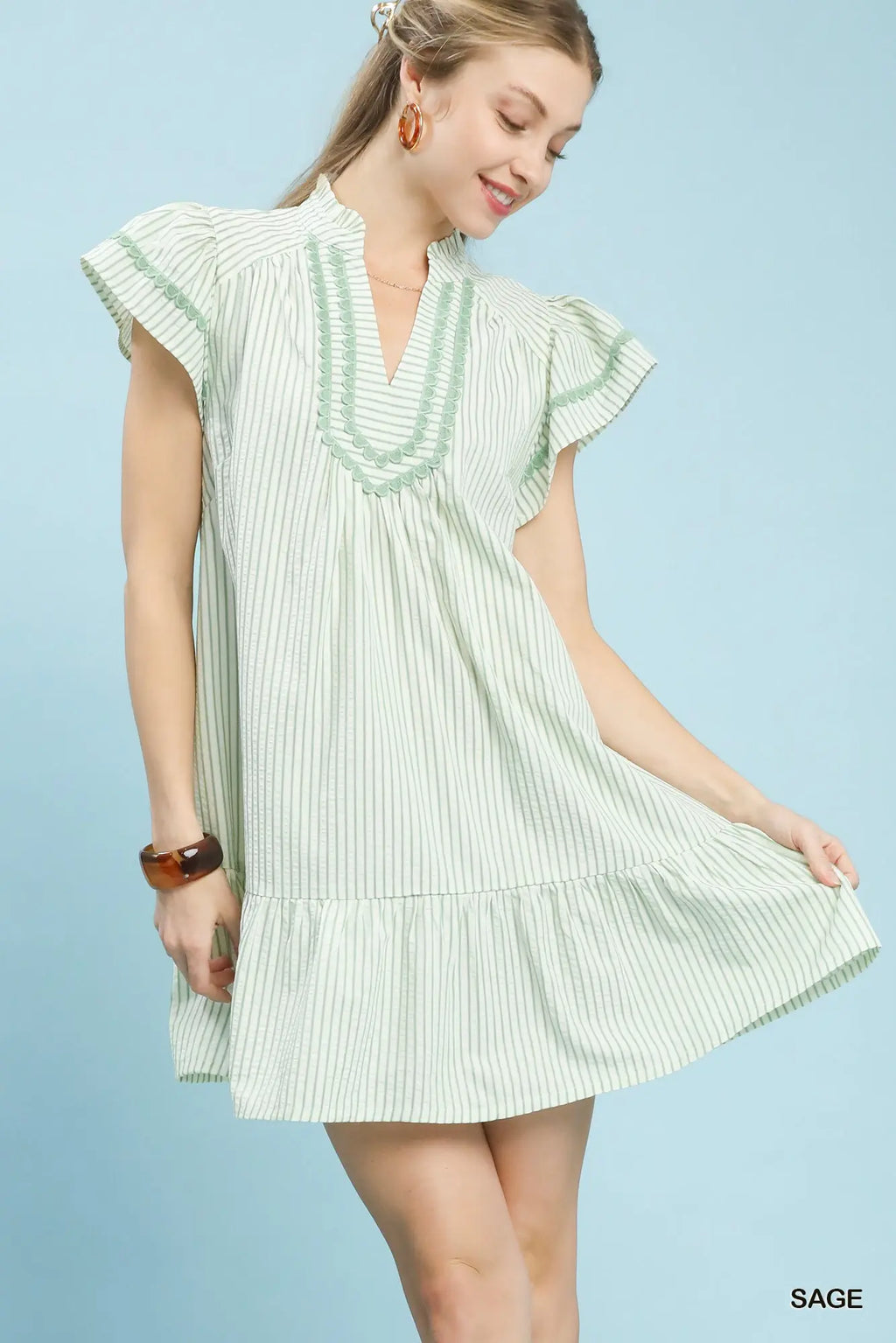 Sage Pinstripe Ruffle Hem Tunic Dress