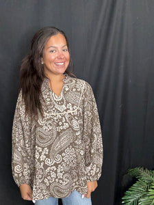 Brown Abstract Print Textured Fabric Top