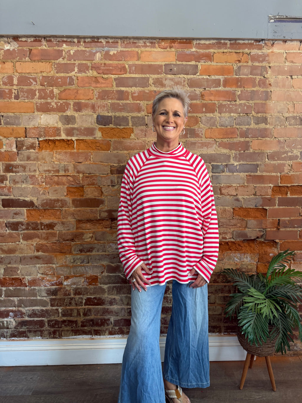 Red Stripe Mock Neck Lightweight