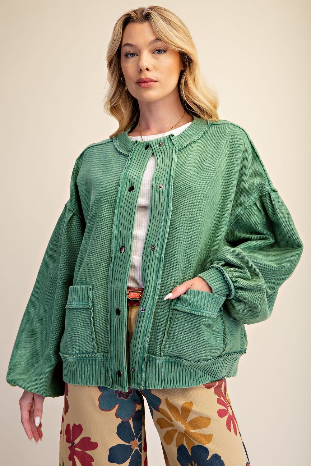 Green Button Down Washed Terry Jacket