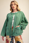 Green Button Down Washed Terry Jacket