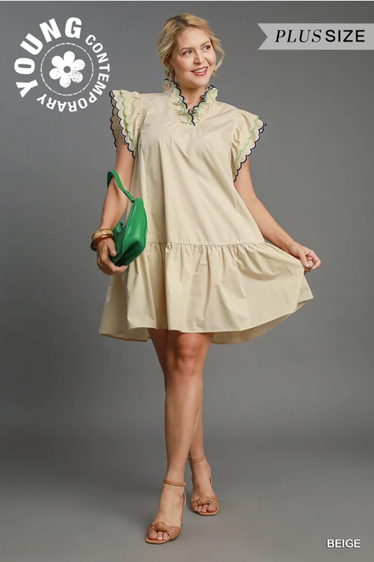 Curvy Beige Scalloped Sleeve Dress