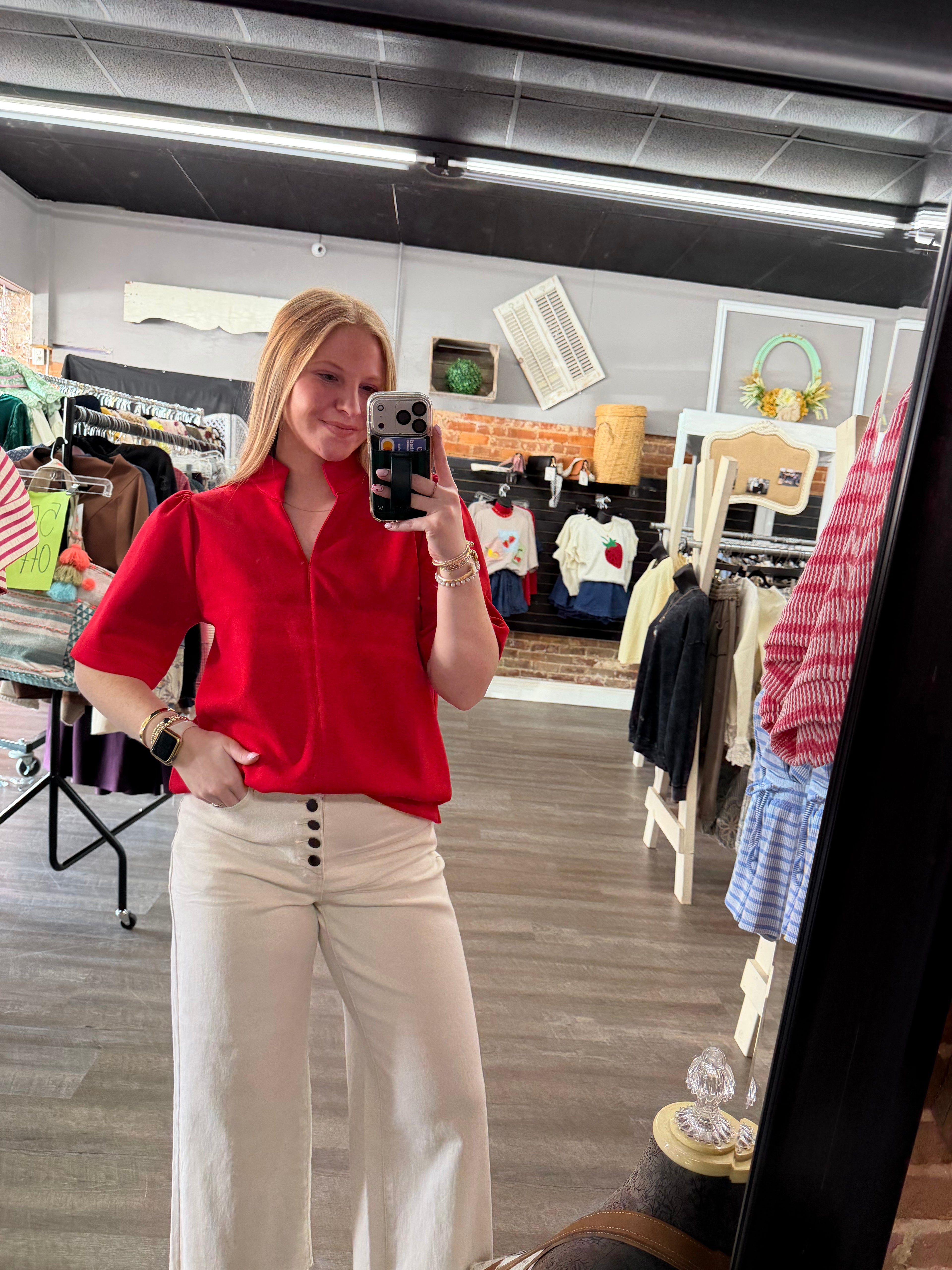 Red Drop Shoulder Standing Collar Top