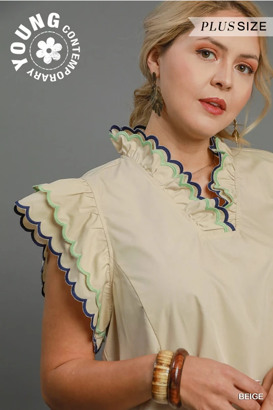 Curvy Beige Scalloped Sleeve Dress