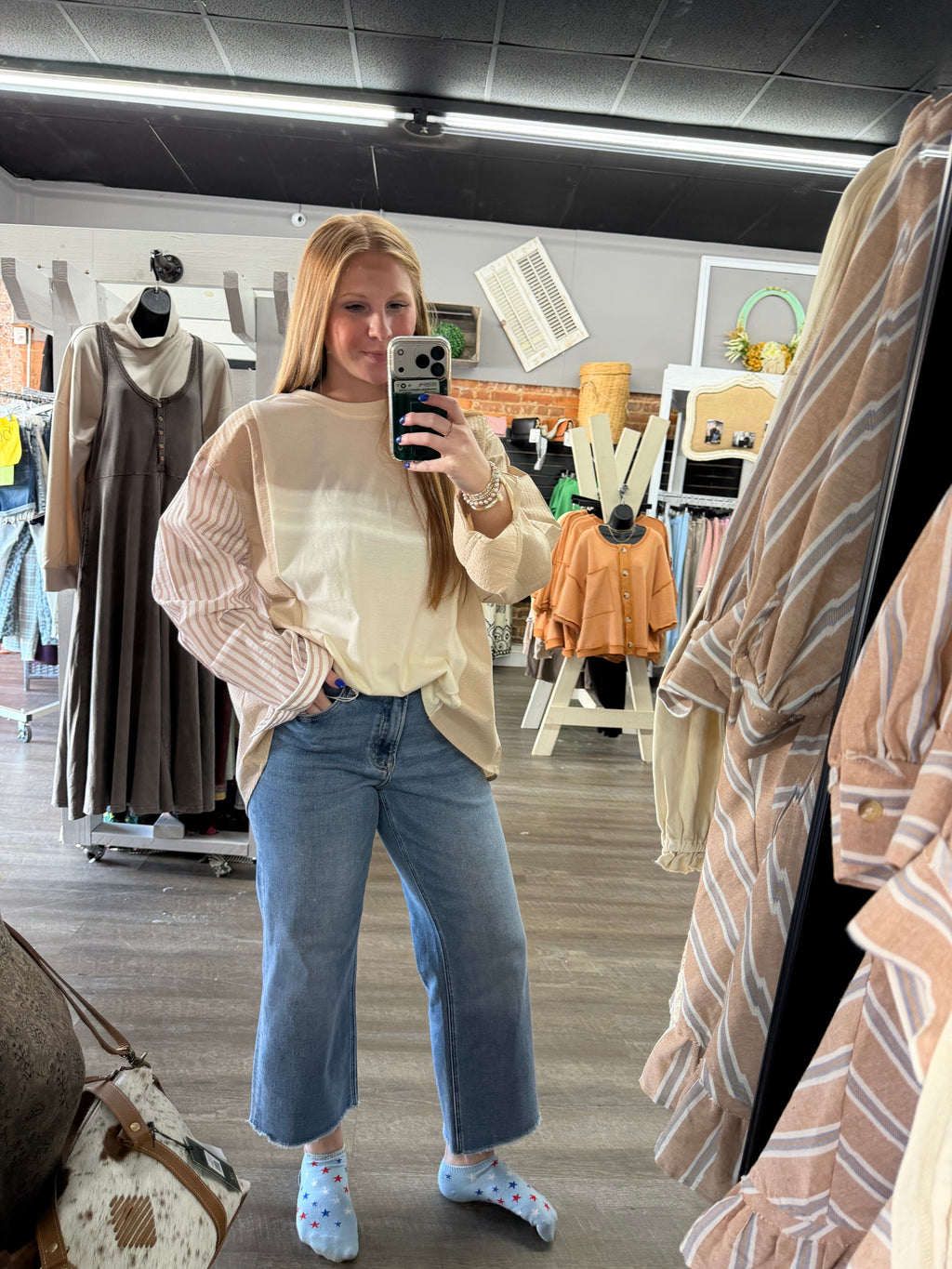 Khaki Striped CrewNeck Top