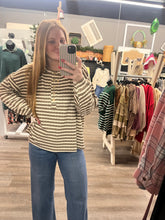 Load image into Gallery viewer, Taupe Striped Henley Button Top
