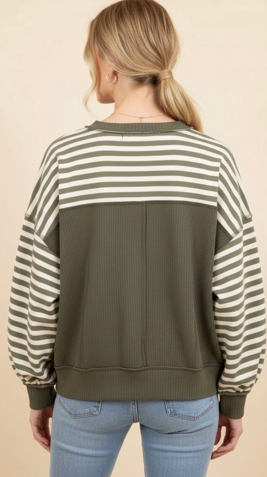 Cream/Olive Striped Crewneck