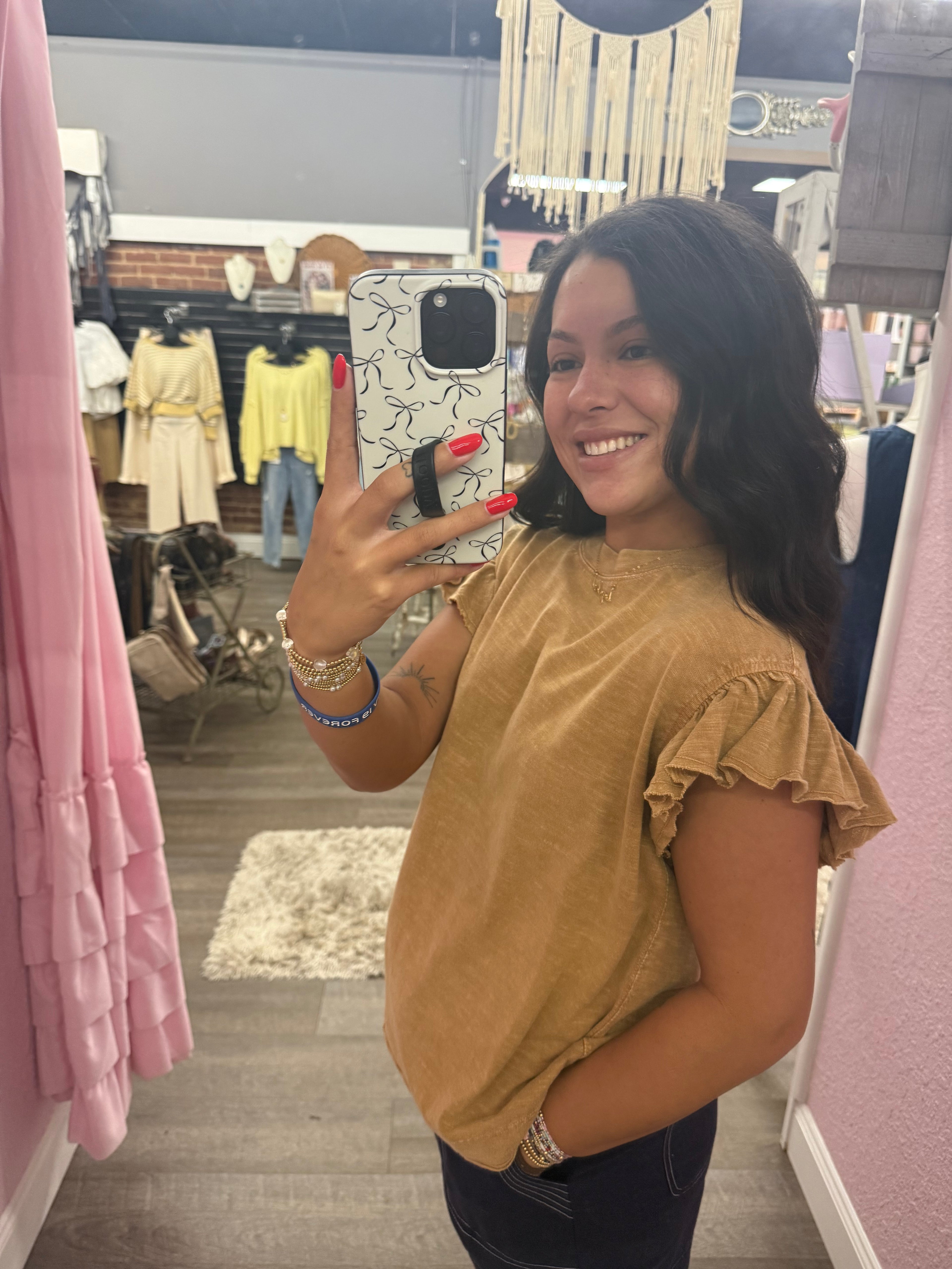 Lt Camel Mineral Washed Ruffle Sleeve Top