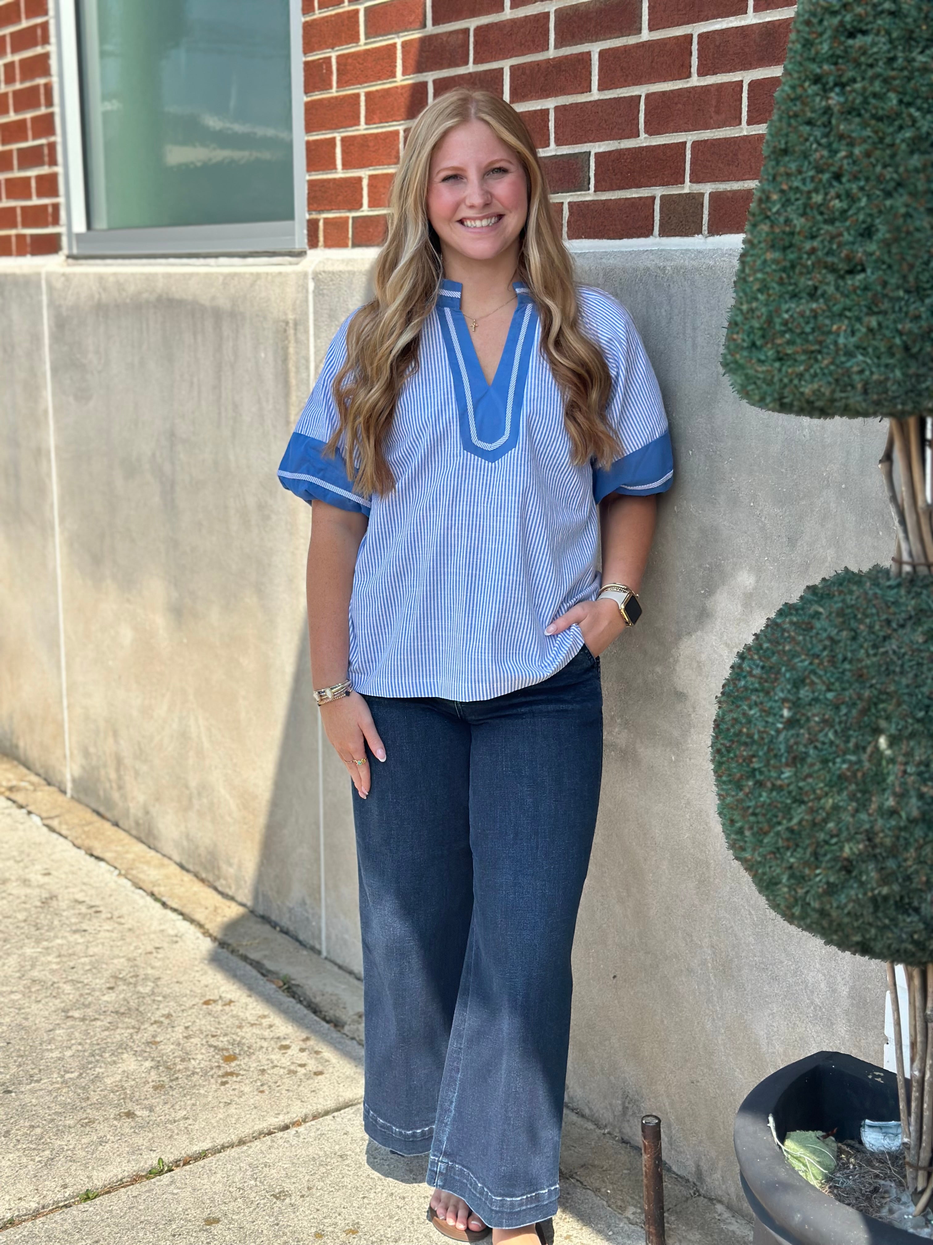 Blue Striped VNeck Top