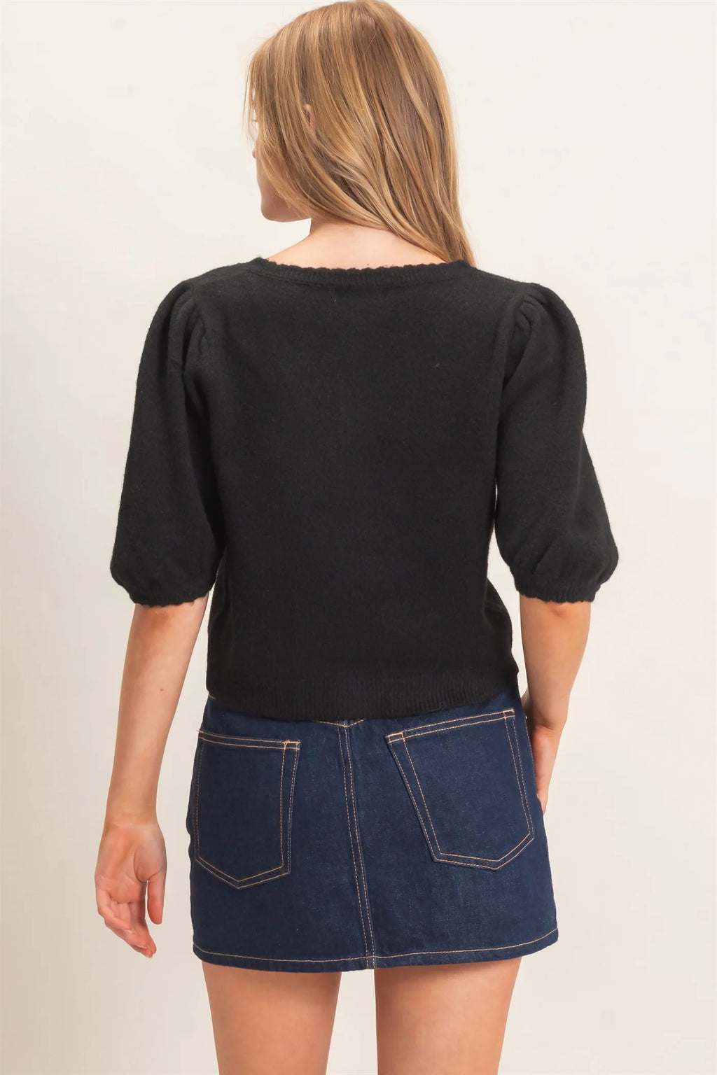 Black Puff Sleeve Button Sweater