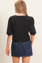 Black Puff Sleeve Button Sweater