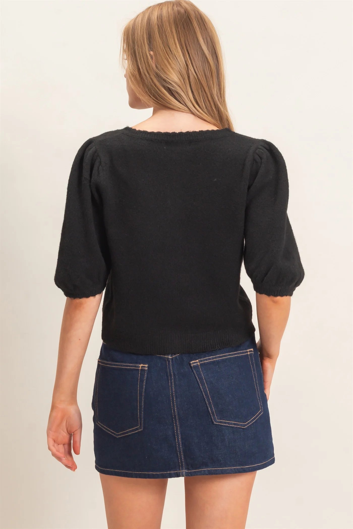 Black Puff Sleeve Button Sweater