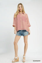 Raspberry Mixed Stripe Button Down